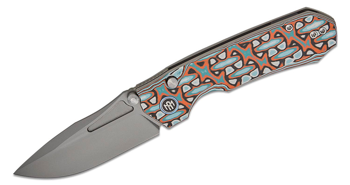Remette Knives RT-Rhino Button Liner Lock Front Flipper Knife 3.07" D2 Bead Blasted Drop Point Blade, Orange/White G10 Handles - RNGD261
