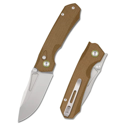 Remette Rhino MC26A – 3.15″ Stonewashed 14C28N Drop Point, Brown Micarta, Button Lock