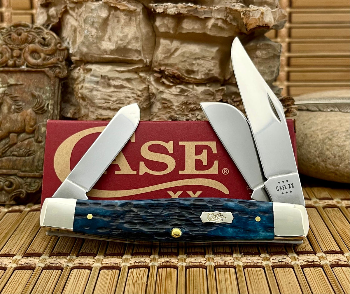Case Pocket Worn Mediterranean Blue Bone Peach Seed Jig Large Stockman 51861